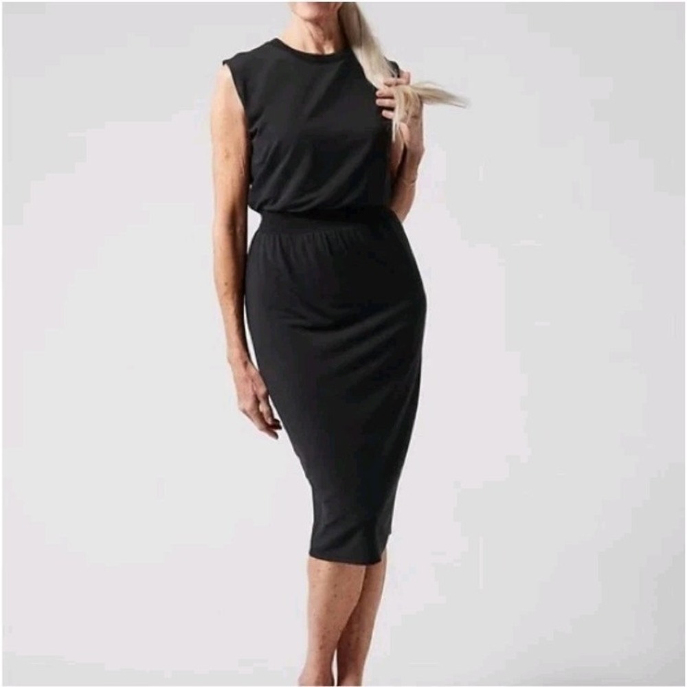 Athleta Black Santorini Cinch Sleeveless Stretchy Athleisure Midi Dress Size S